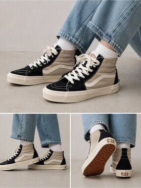Vans Sk8-Hi Eco Theory Black Beige Canvas High Top Sneakers Women 8.5 Men 7